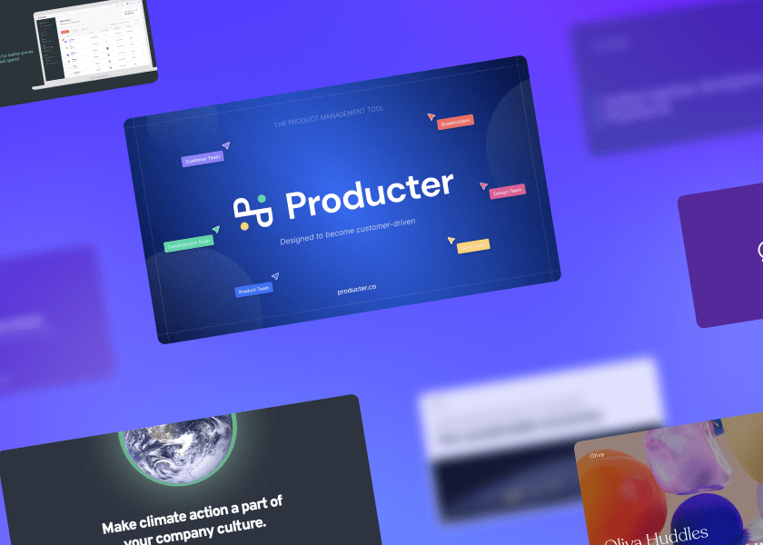 A collection of sales deck examples from companies like Producter and Oliva on top of a purple background