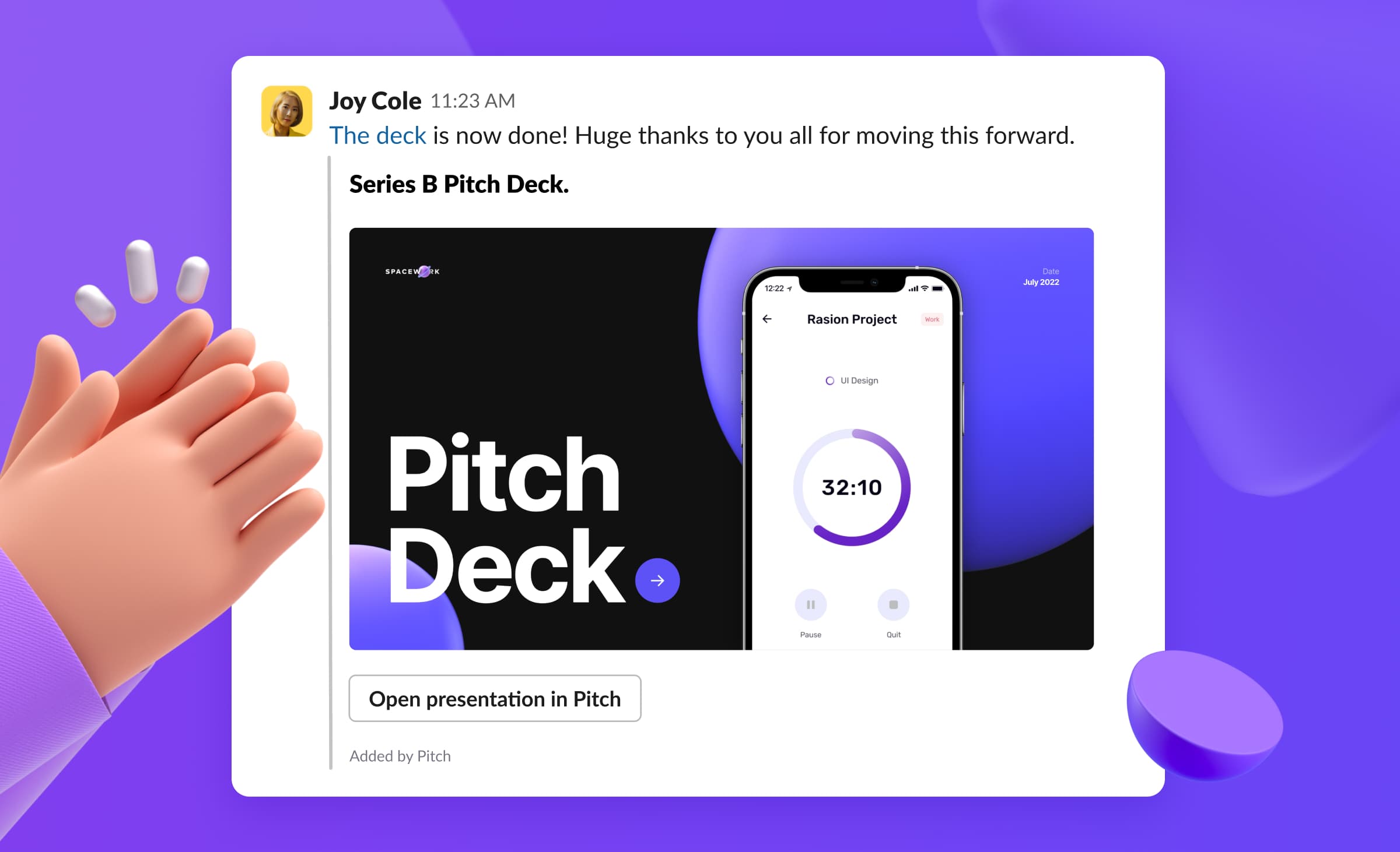 A comment in Slack linking to a Pitch presentation now displays an expanded preview of the deck.