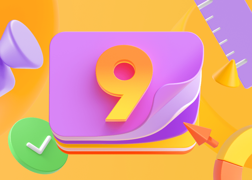 A purple slide with an orange number nine inside, surrounded by presentation elements on an orange background