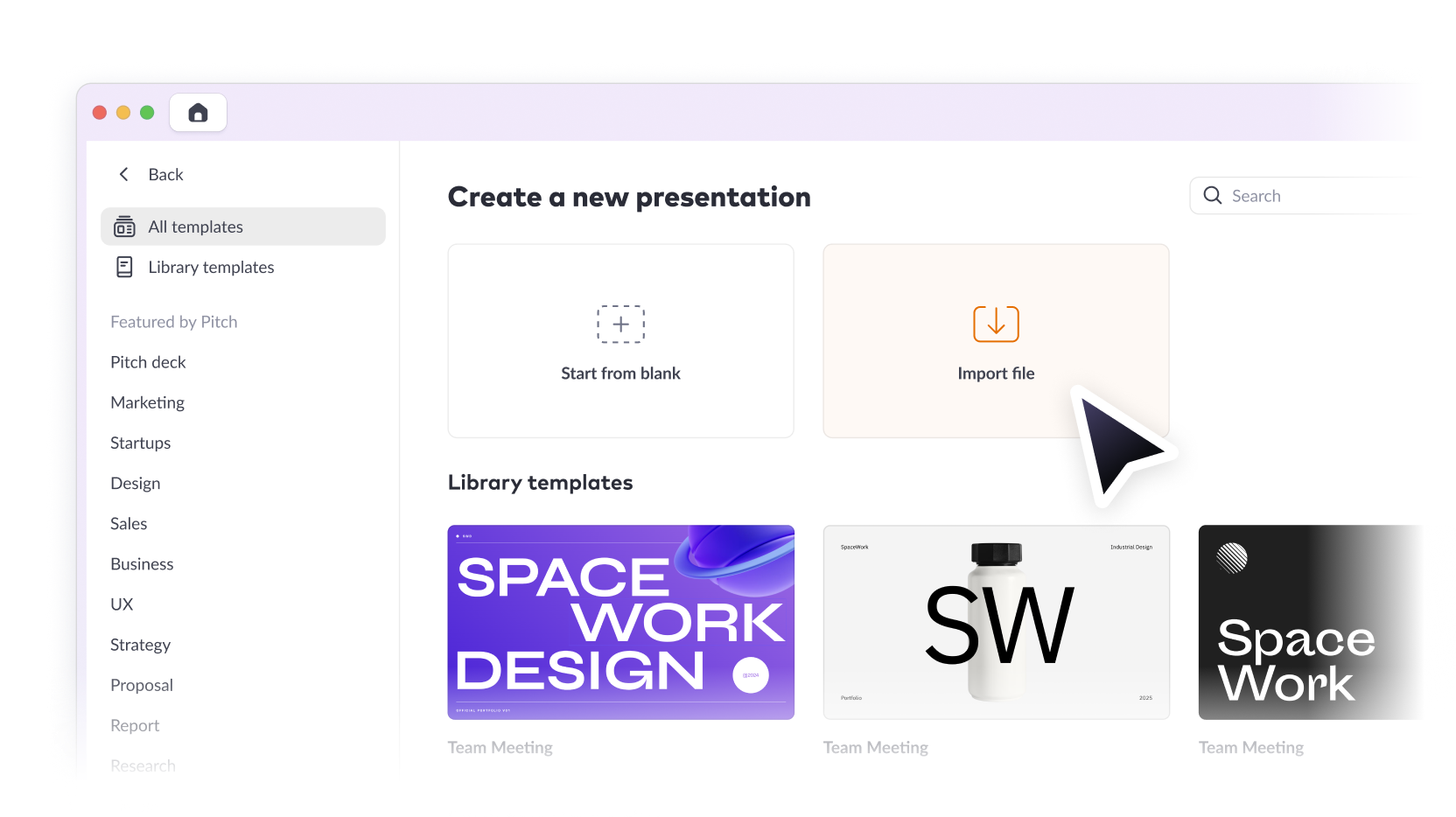 Presentation creation screen with import option and templates