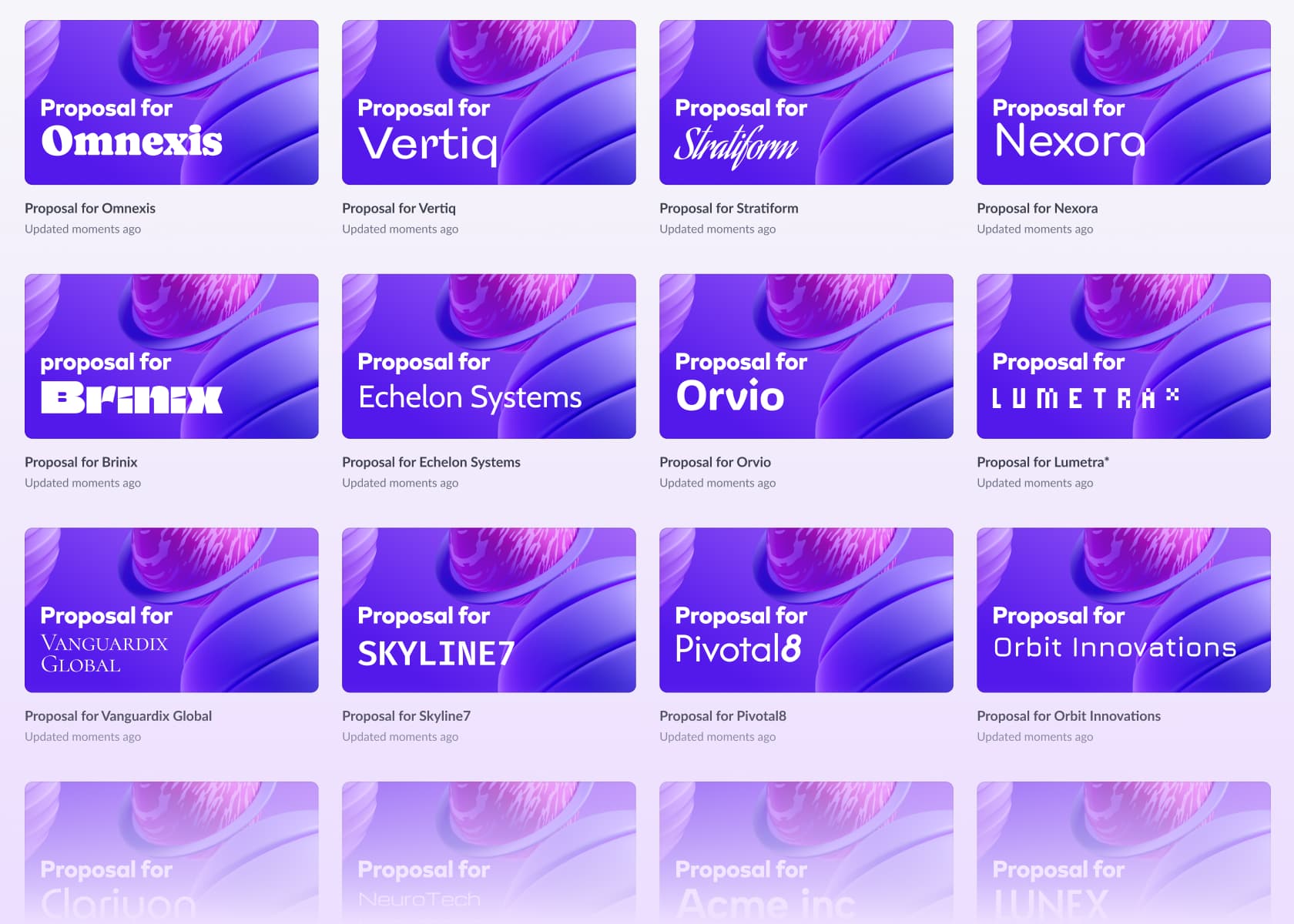 Grid of proposal presentations created using Pitch's batch create feature, showing cover slides customized for different companies