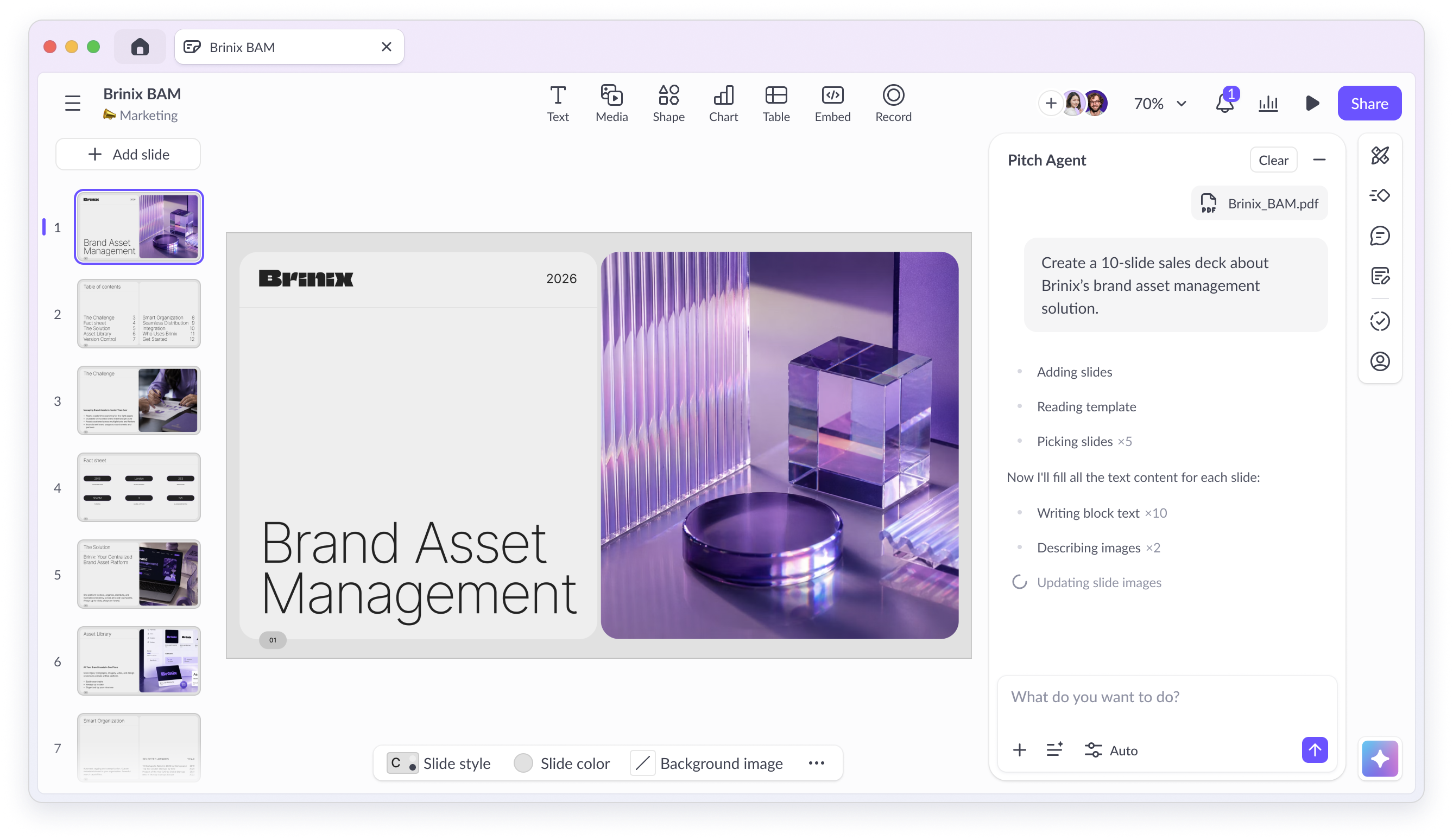 Pitch’s editor with an editable slide deck, source PDF and Pitch Agent. Official product screenshot.