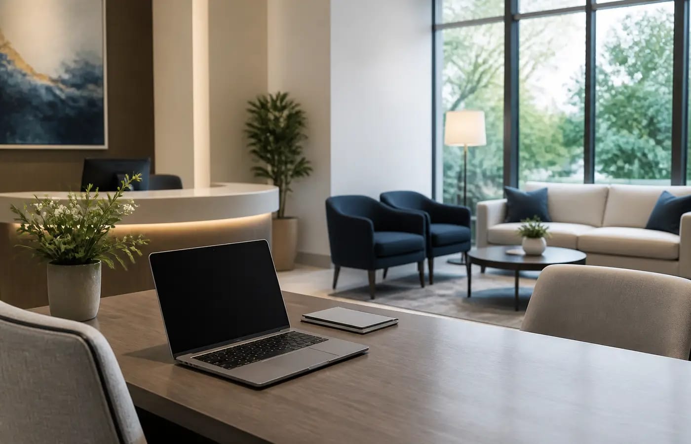 Consultation lounge prepared for a Patroda client discovery meeting