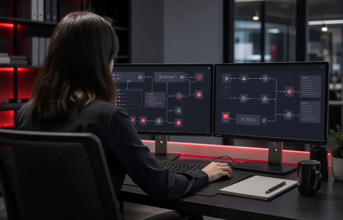 Operations specialist mapping AI automation workflows that connect triggers, data and actions across business systems