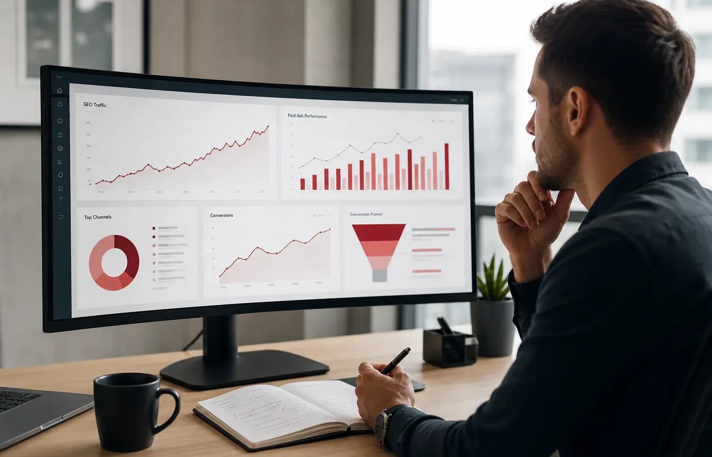 Digital marketer reviewing SEO, paid ads and website conversion analytics to grow demand
