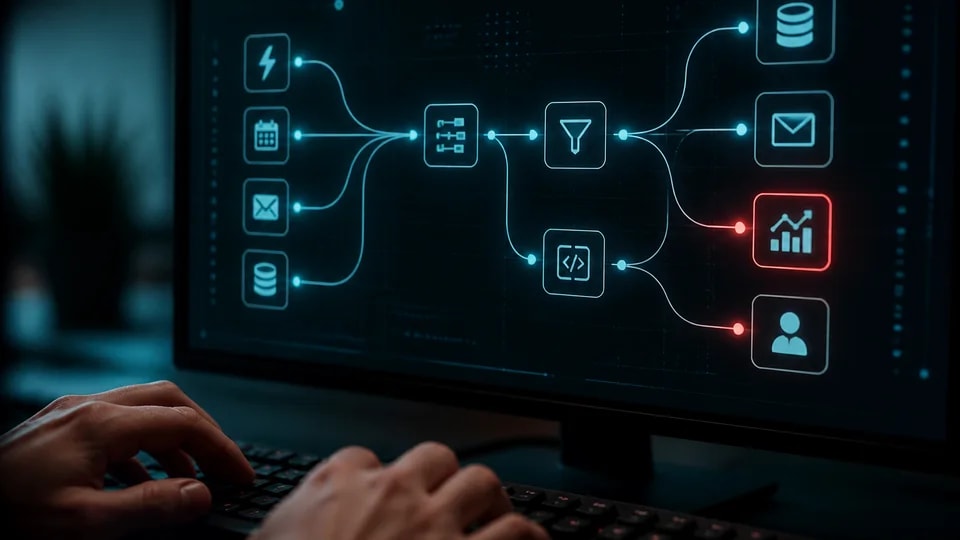 Close-up of connected automation workflow nodes linking triggers, data and actions on a monitor