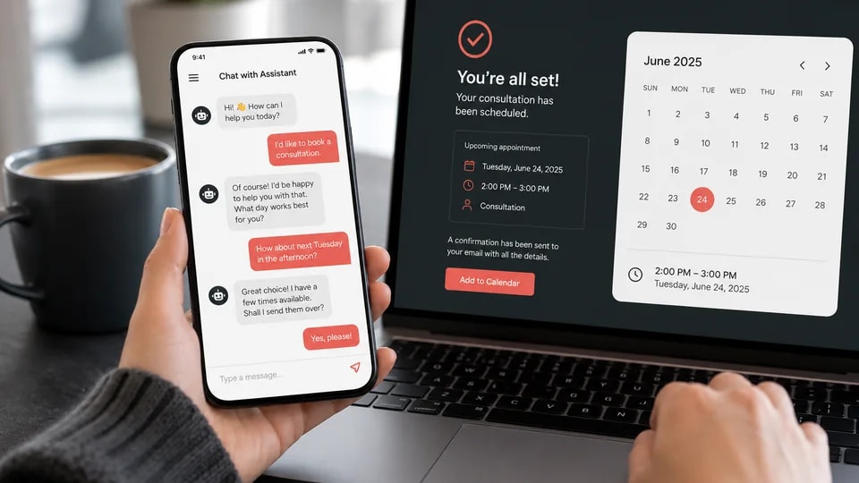 Close-up of a chatbot conversation and appointment booking screen on laptop and phone