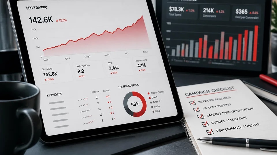 Close-up of SEO traffic, paid ads and conversion charts on a marketer’s tablet