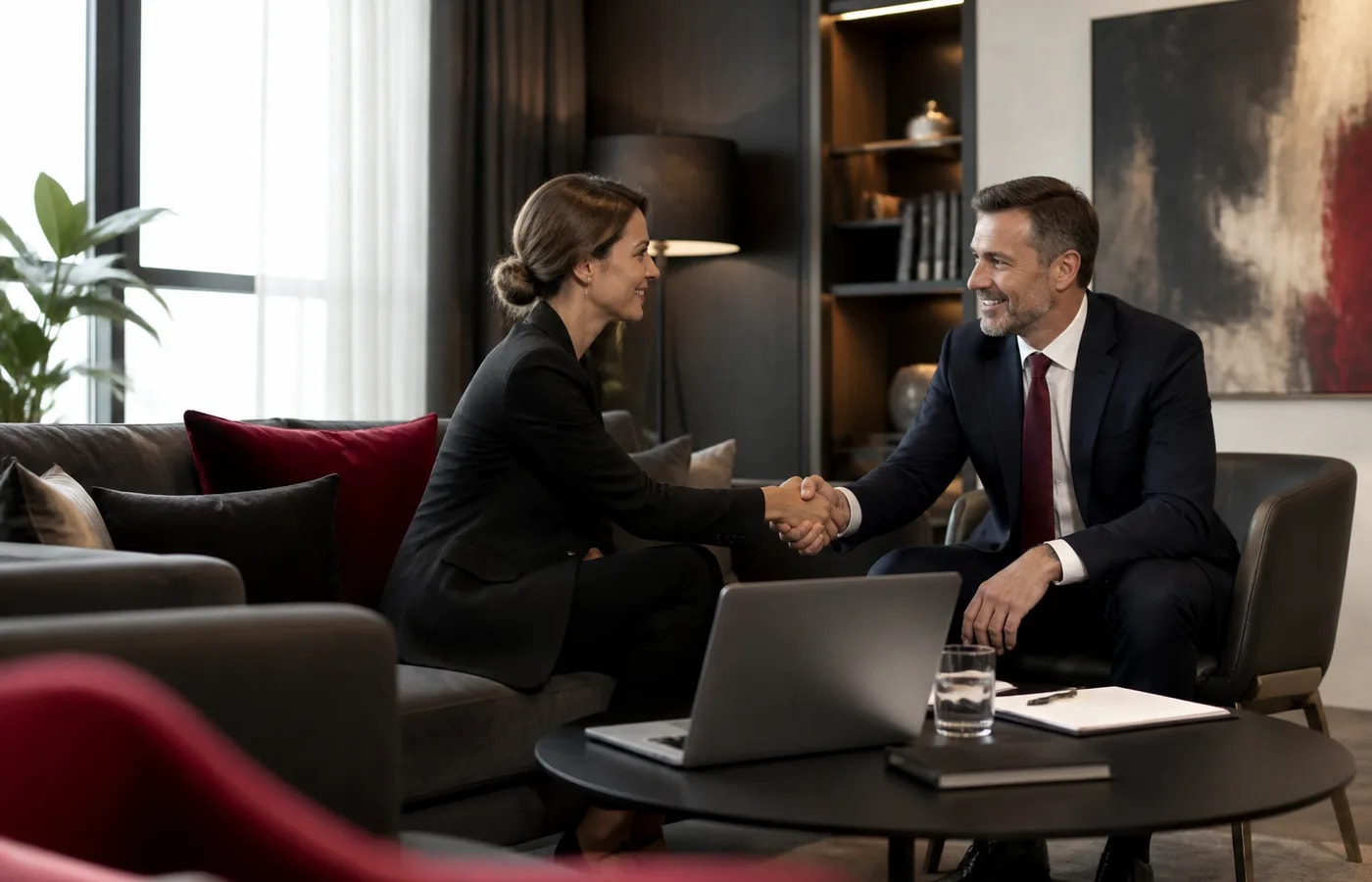 Professionals concluding a Patroda growth consultation with a clear next-step handshake