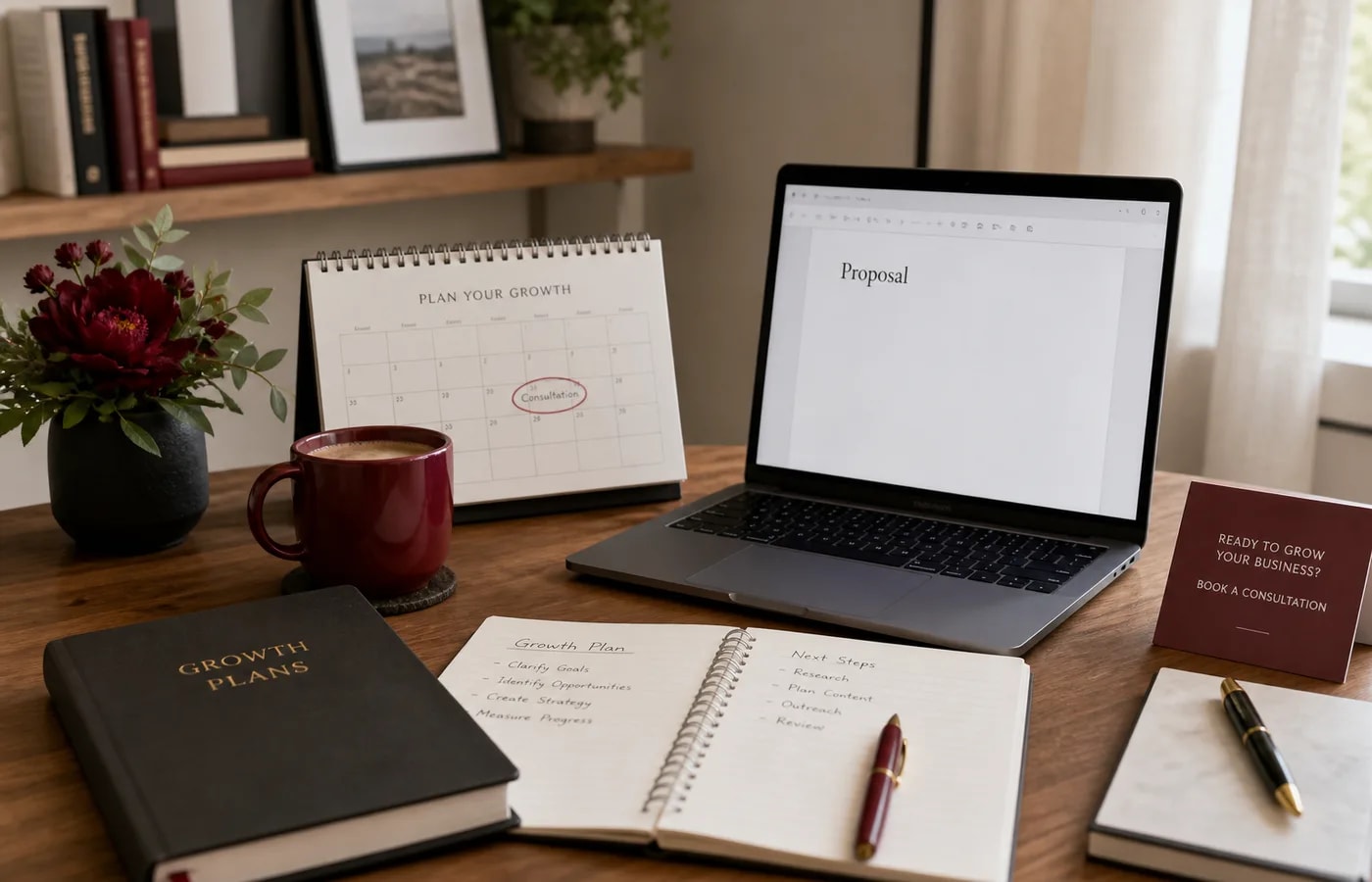 Consultation planning desk with proposal notes calendar and laptop ready for client onboarding