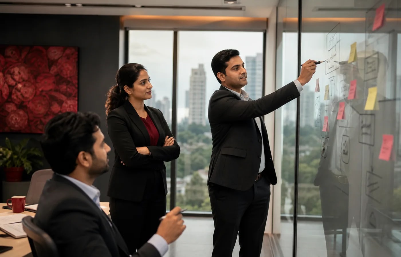 AI consultants in an India tech office reviewing an AI adoption roadmap for local businesses