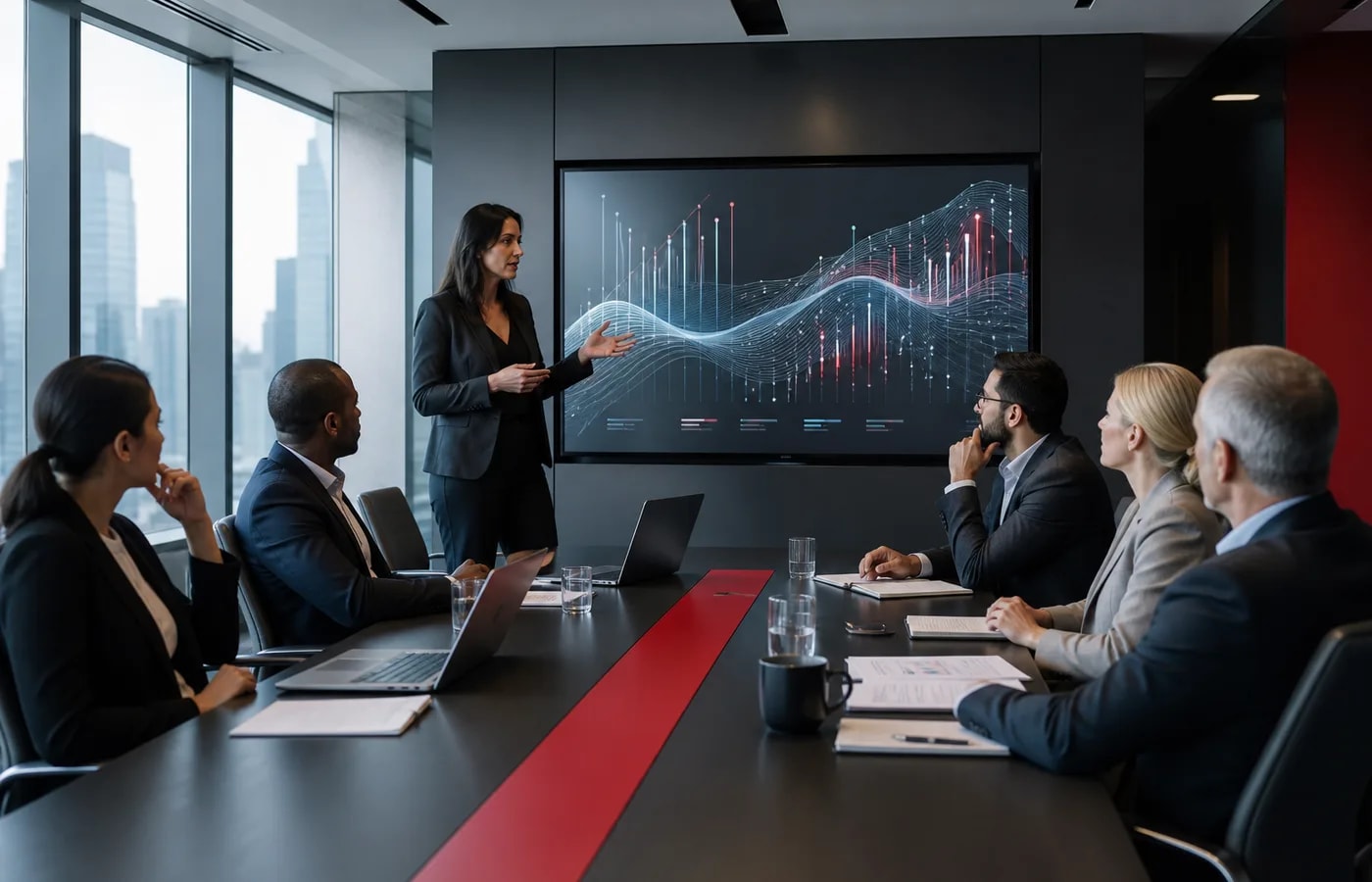 US business leaders reviewing an AI consulting strategy presentation in a corporate boardroom