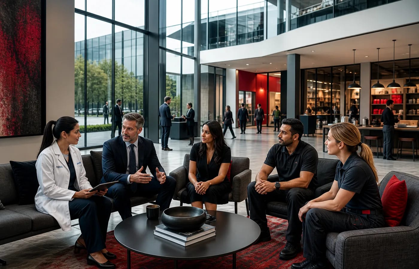 Cross-industry professionals meeting in a modern atrium representing Patroda industry solutions