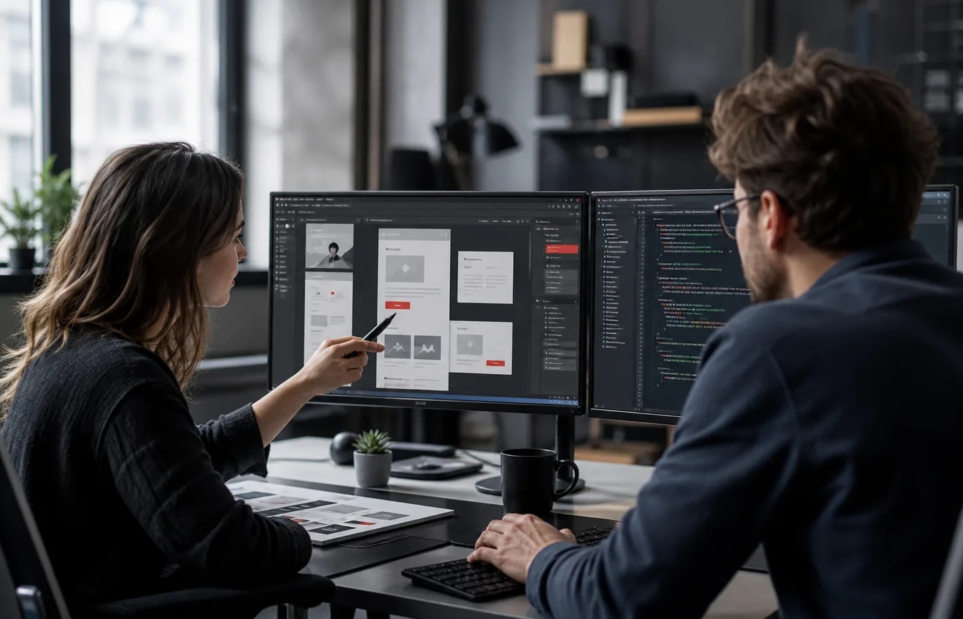 Web team reviewing responsive website layouts and code on dual monitors in a modern office