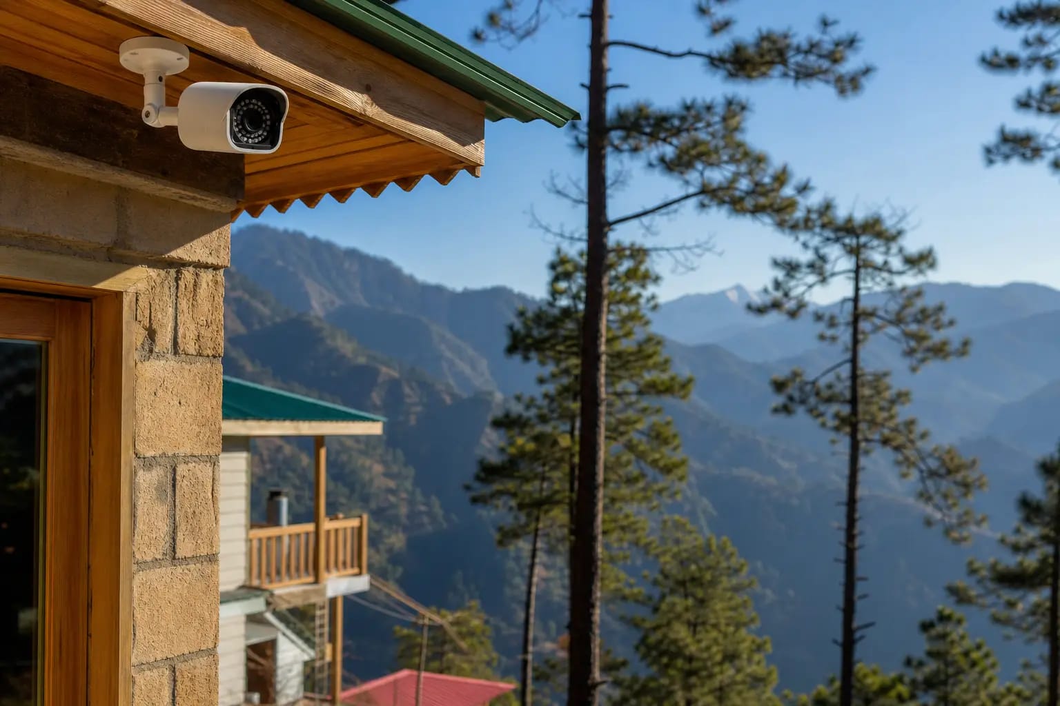 Hillside house in Himachal Pradesh with a CCTV camera under the eave