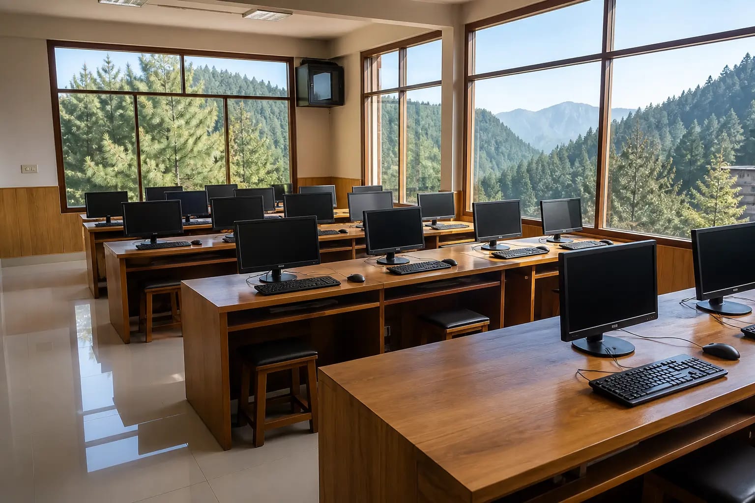 School computer lab overlooking pine hills