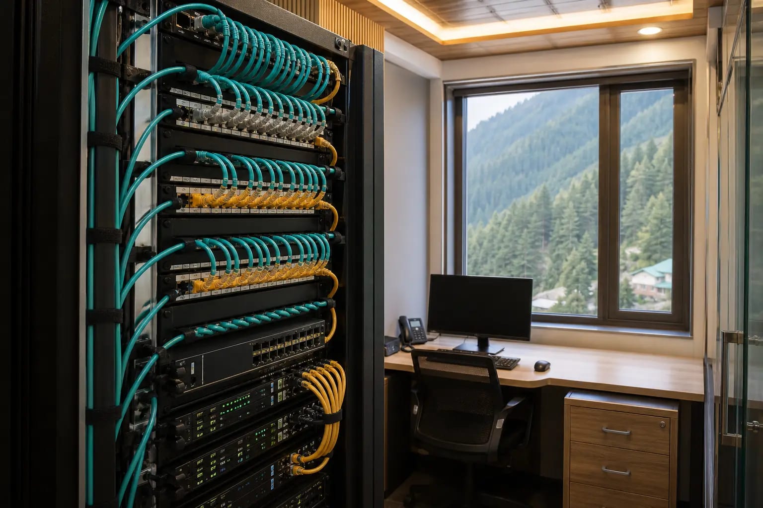Structured cabling and networking rack with Himachal hills outside