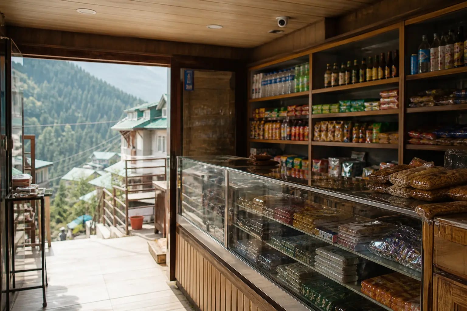 CCTV camera installation at a shop counter in a Himachal town