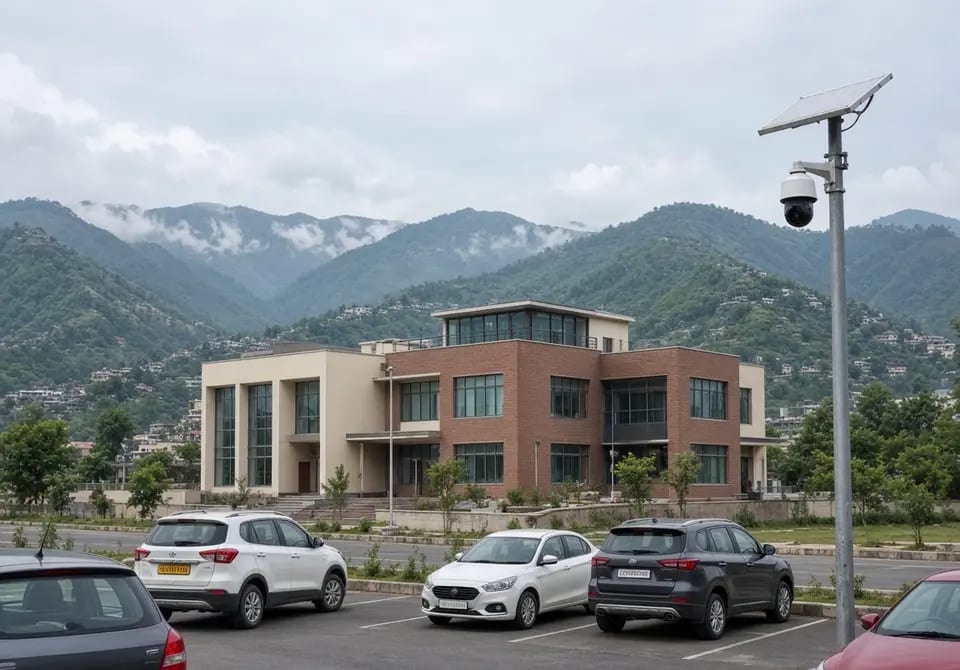 Hamirpur building and parking with hills and a CCTV pole