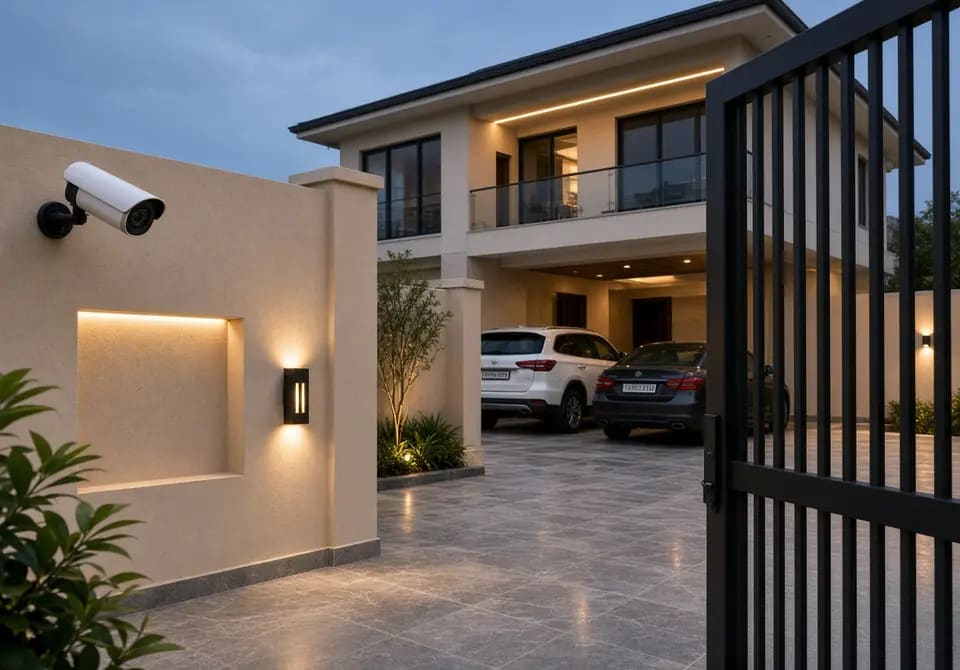 Modern home courtyard at dusk with an outdoor security camera