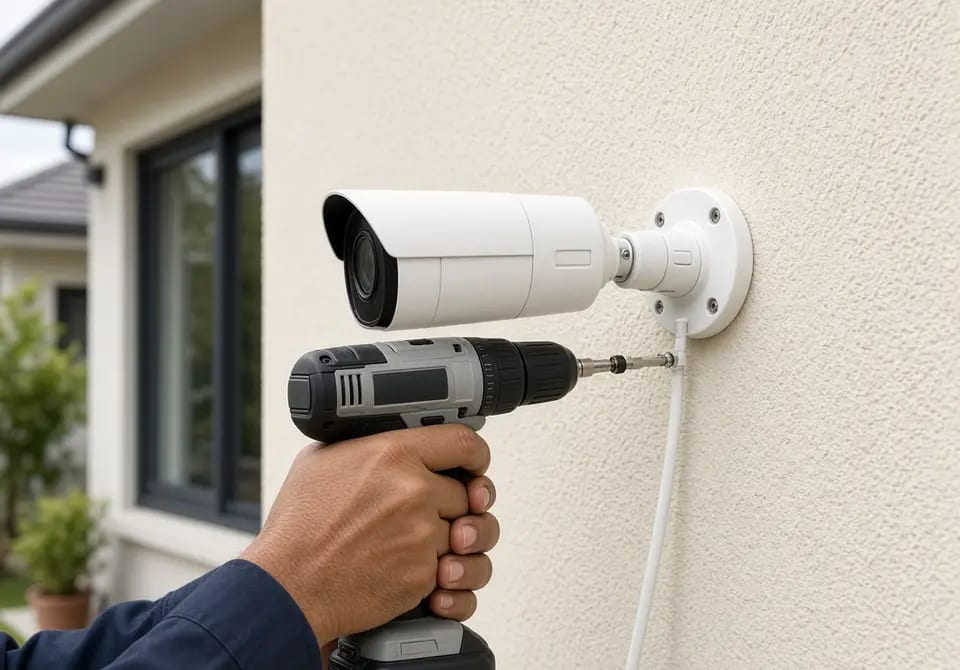 Hands mounting an outdoor CCTV camera on a wall