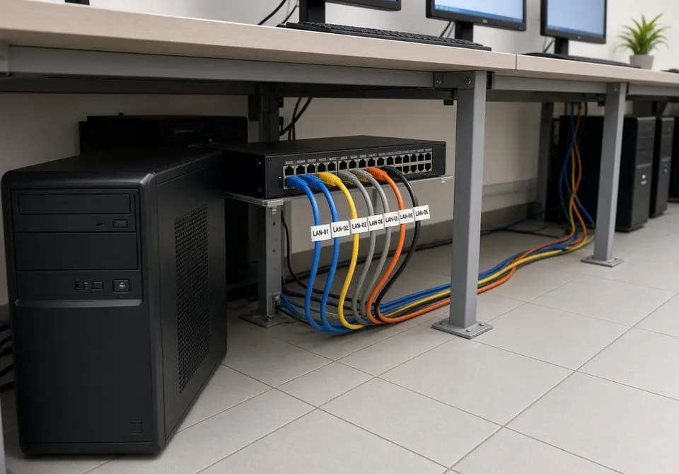 Network switch and labelled cables under computer lab desks