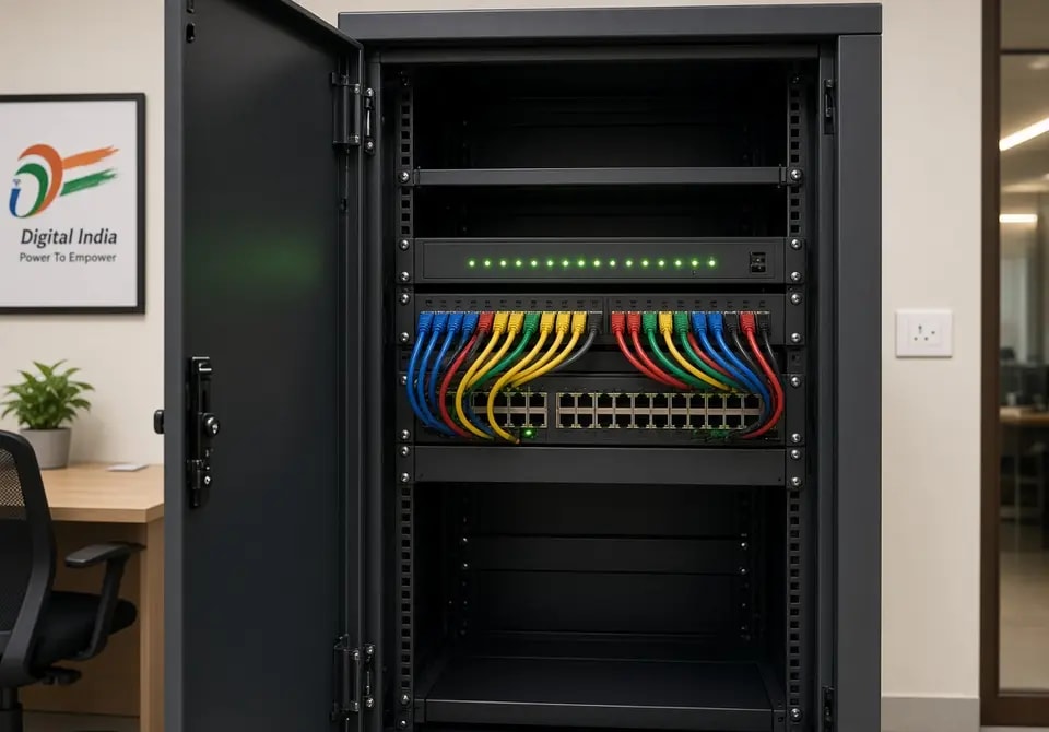 Ethernet cables dressed into an open network cabinet