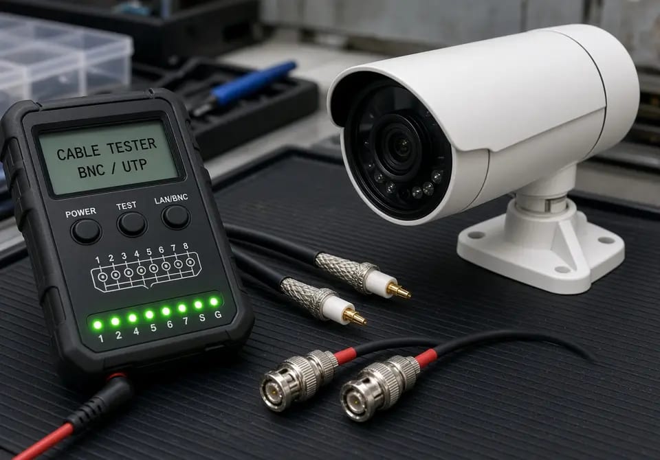 CCTV cable connectors and a tester on a work mat