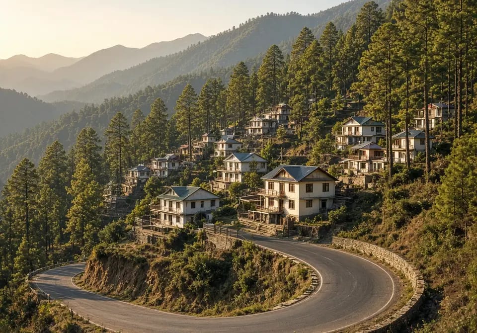 Hill road and terraced houses near Sarkaghat in warm afternoon light