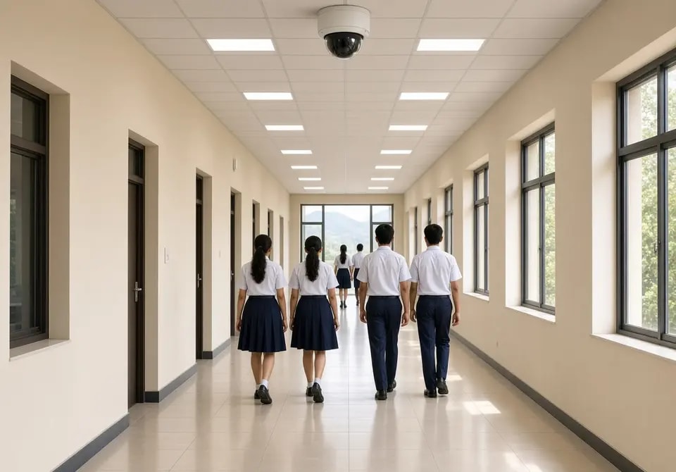 School corridor with a dome CCTV camera