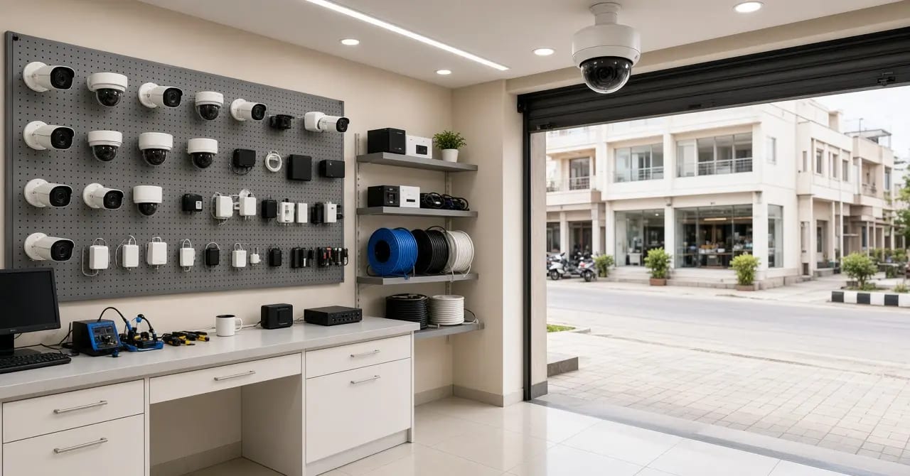 Local CCTV workshop with cameras on display and a shop-front camera