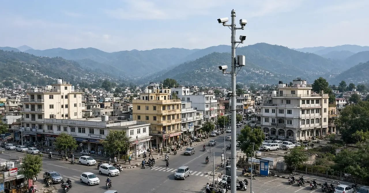 Hamirpur-style town with shops, a CCTV pole and hills in the distance