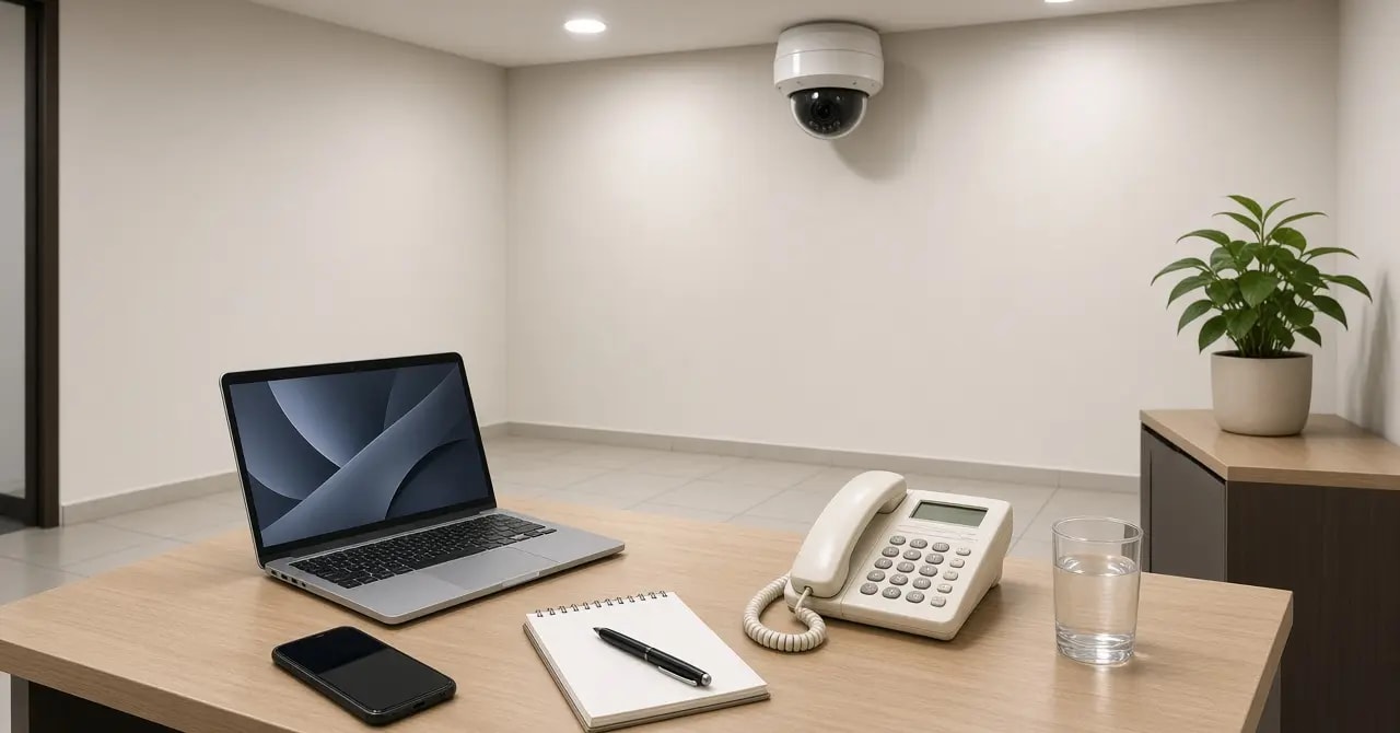 Office desk for CCTV enquiries with a dome camera covering the room