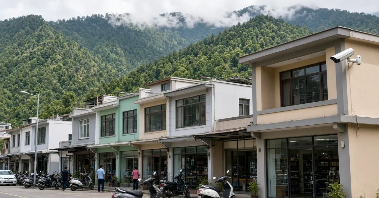 Ghumarwin market with modern shops, CCTV and hills behind the rooftops