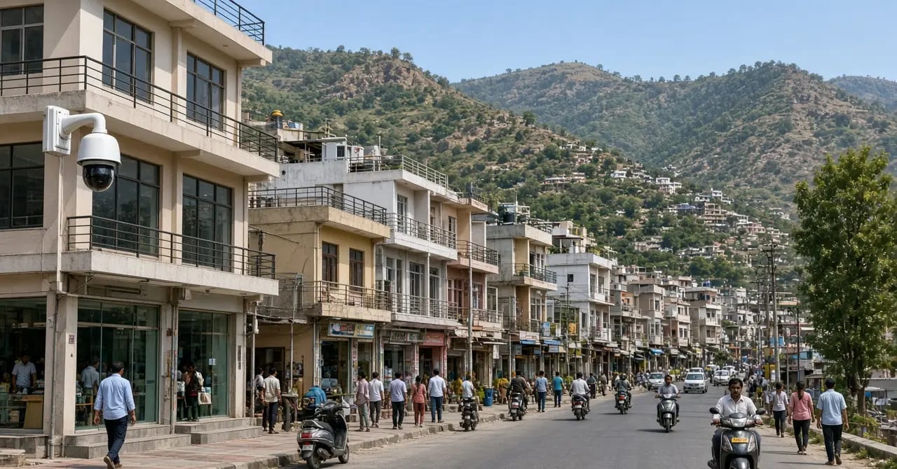 Hamirpur market street with shops, CCTV and hills of Himachal behind