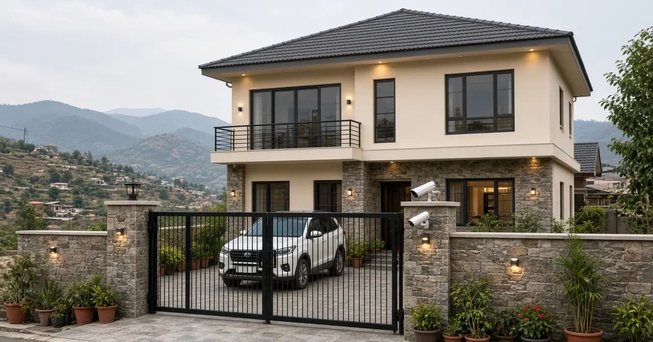 Modern Himachal house gate and courtyard covered by an outdoor CCTV camera