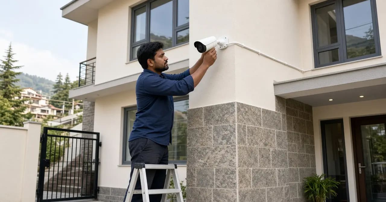 Technician installing an outdoor CCTV camera on a modern Himachal home