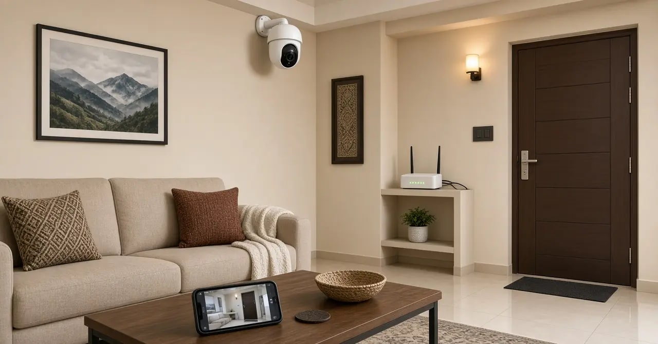 Wi-Fi CCTV camera in a modern home with a phone showing the live view