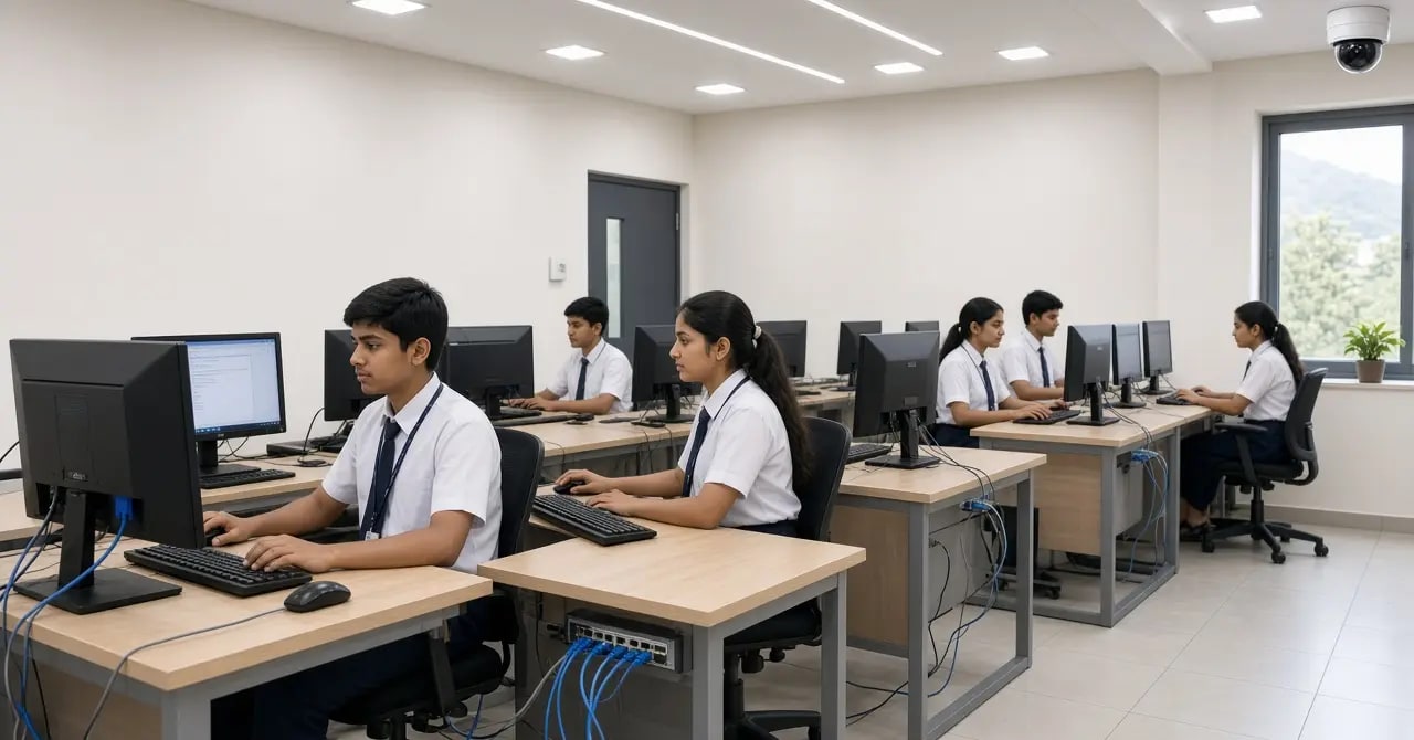 Modern school computer lab with networked PCs and a corner CCTV camera