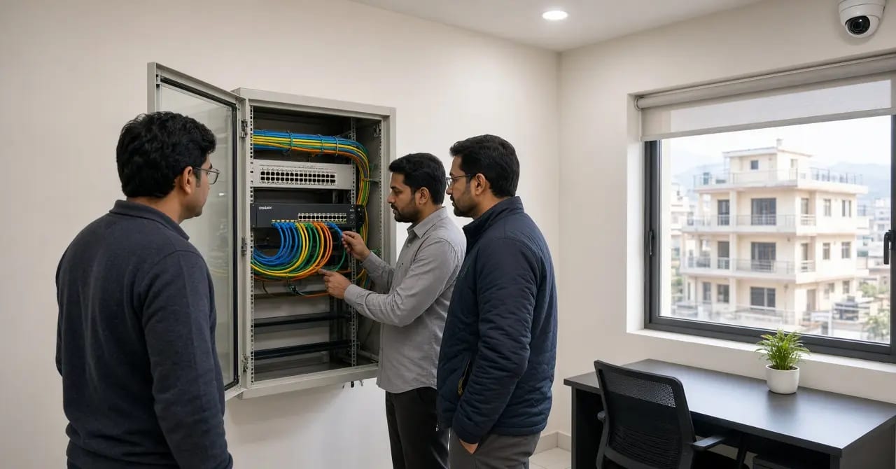 Organised Ethernet cabling and a network switch in a small office rack