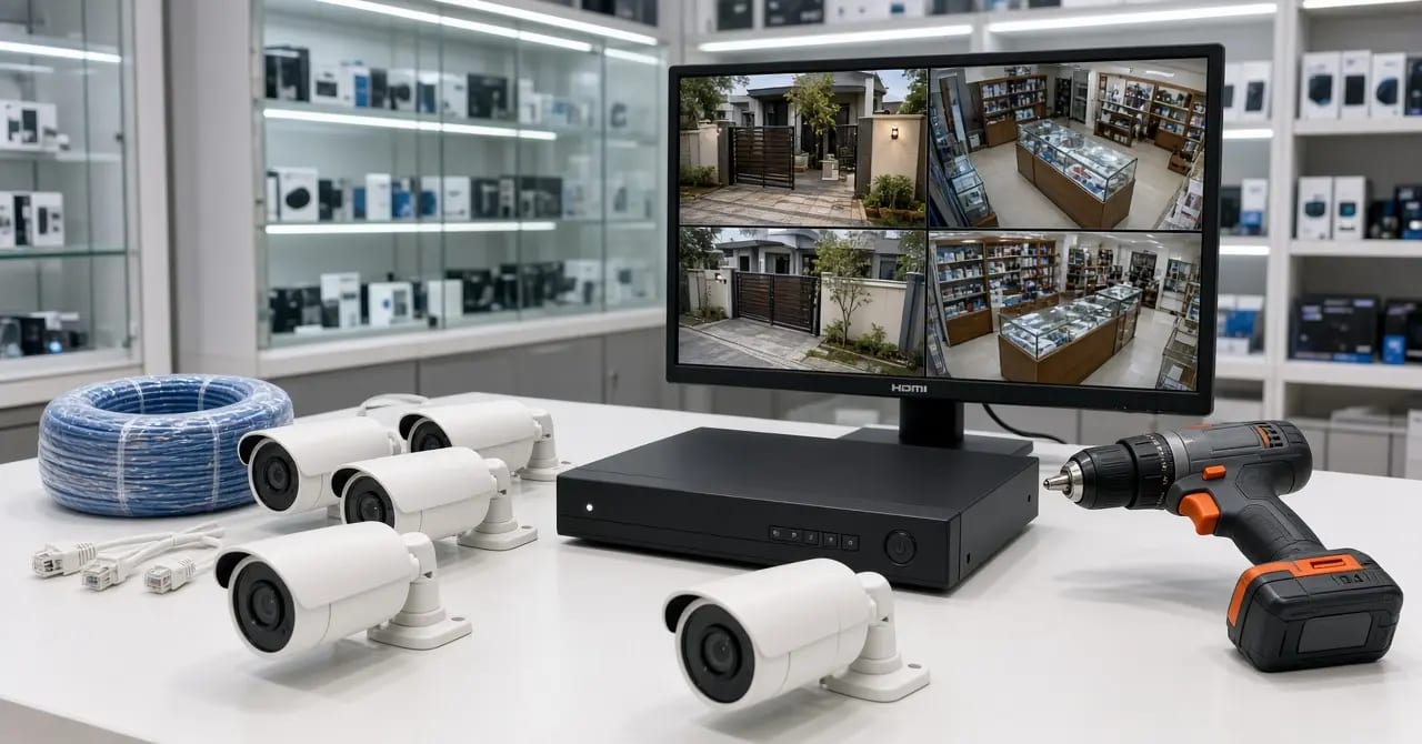 CCTV cameras, NVR and a monitor showing a house gate and shop counter
