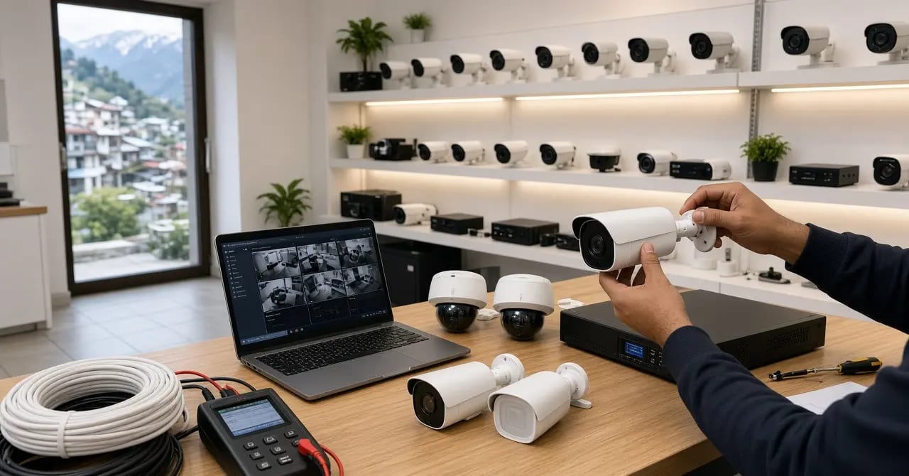 CCTV cameras, NVR and tester on a workbench for repair work
