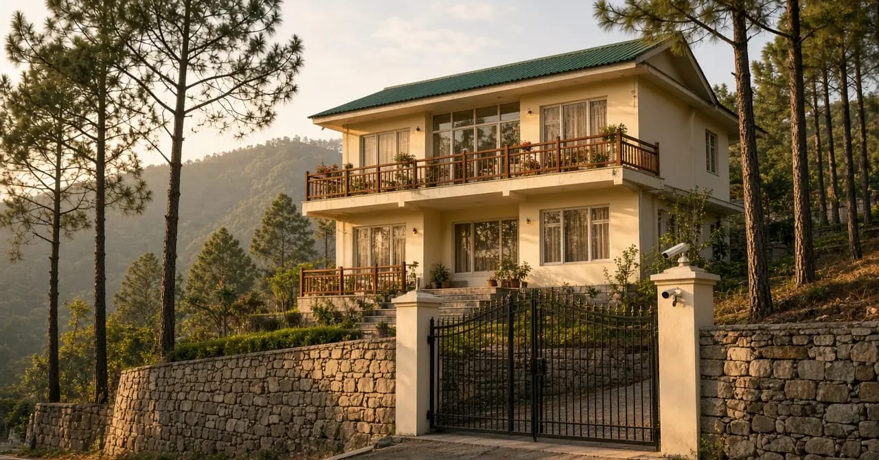 Well-kept Sarkaghat hillside home with pines, a gated approach and a CCTV camera