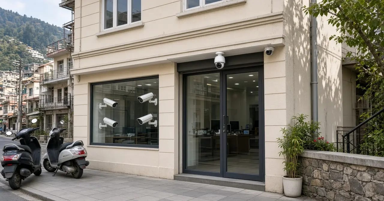 Modern CCTV and IT shop front with a camera covering the entrance