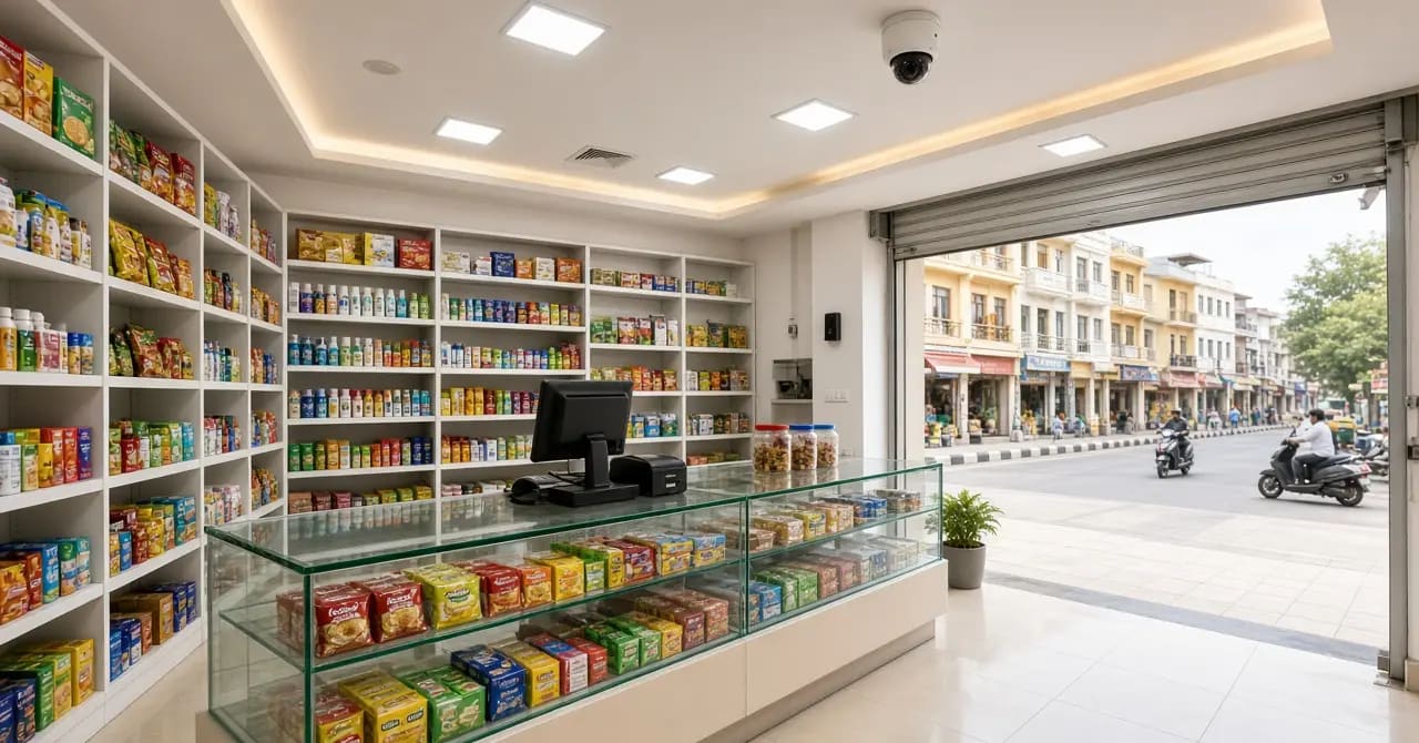 Dome CCTV covering the counter and entrance of a modern Indian shop