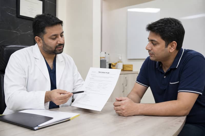 Discussing gynecomastia concerns with the surgeon