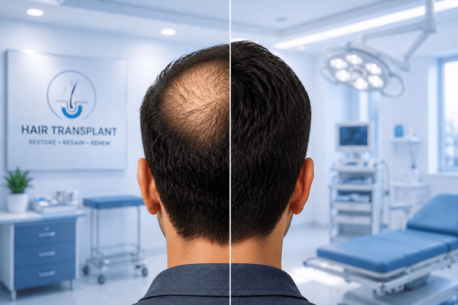 Hair transplant before and after — crown restoration