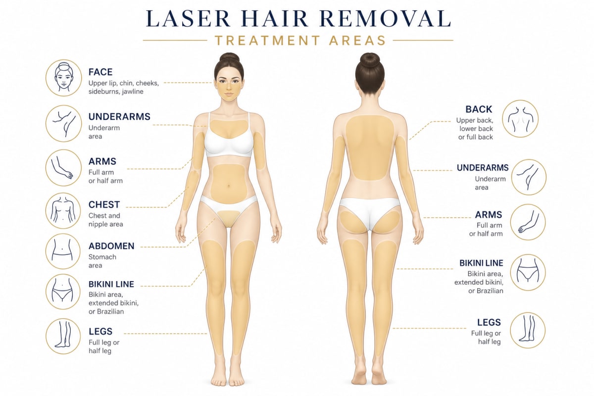 Full body laser hair reduction treatment areas