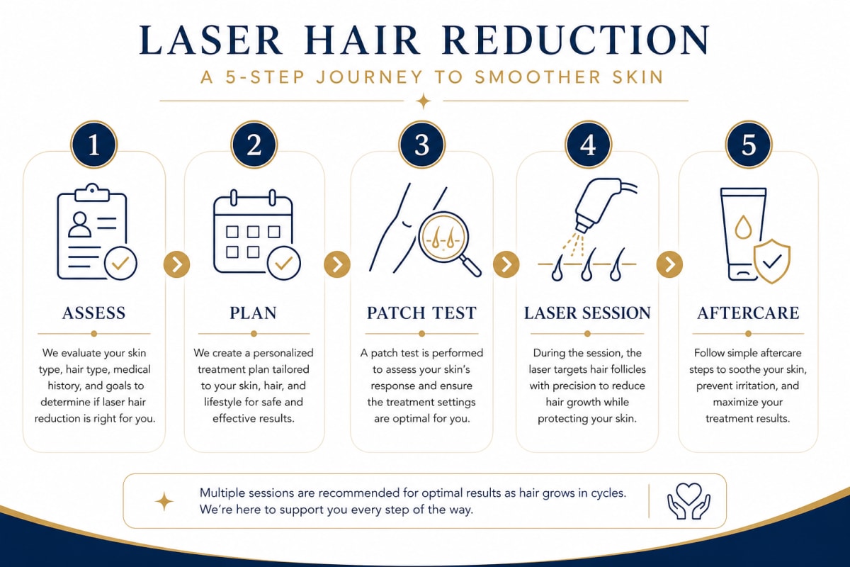 Five-step laser hair reduction treatment process at Revive61