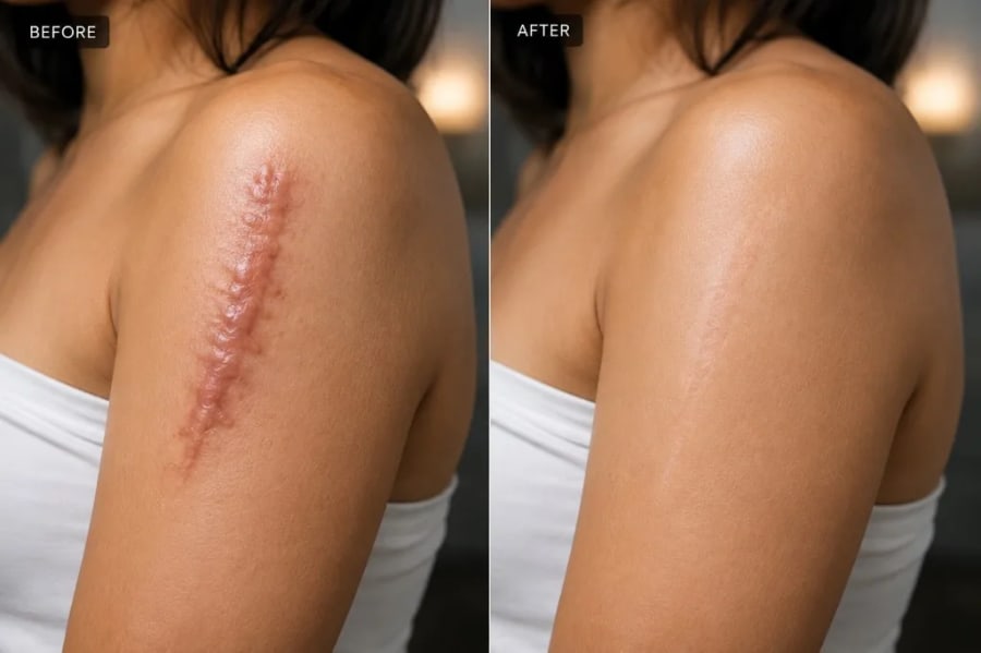 Scar revision before and after — reduced raised scar visibility